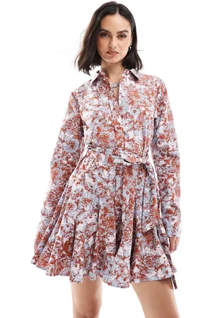 ASOS Godet pleated mini shirt dress in floral print
