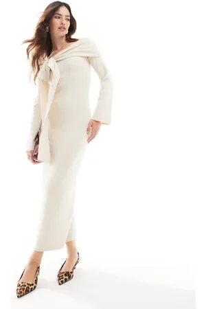Pretty Lavish Bardot bow midaxi knit dress in ecru