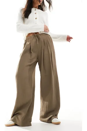 Stradivarius Wide leg crinkle tie waist trouser in beige