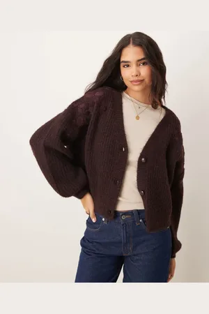Miss Selfridge Embroidered flower cardigan in chocolate
