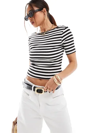 Pimkie Short sleeve fitted t-shirt with scoop back in black and white stripe