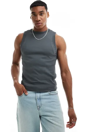 ASOS Muscle fit vest with panel detail in charcoal