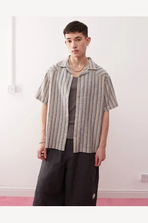 Wrangler Resort stripe linen cotton mix relaxed dobby shirt in indigo blue
