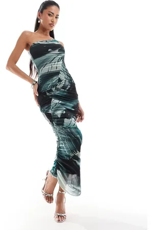 ASOS Mesh one shoulder gauged detail midi dress in green swirl print