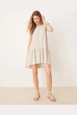 ASOS Drop waist linen mini dress in natural stripe