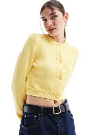 ASOS Crew neck cropped cardigan with pocket in cotton blend in lemon