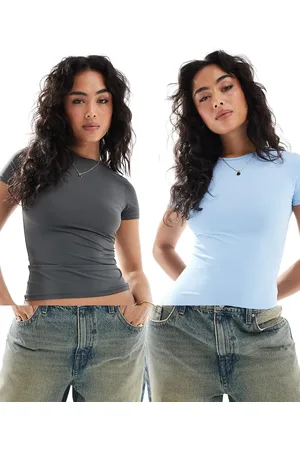 Pull&Bear 2 pack polyamide baby tee in grey & blue