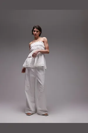 SNDYS Linen blend flower applique wide leg trouser co-ord in