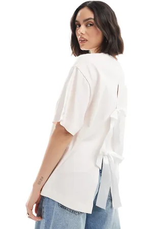 Miss Selfridge Oversized satin bow back t-shirt in light