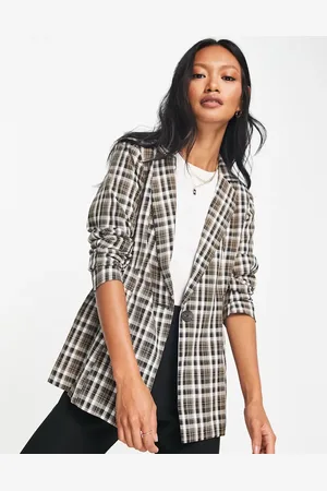 VILA Tailored waist detail blazer in brown check