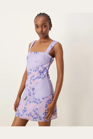 ASOS Square neck pleated chiffon mini dress in purple floral