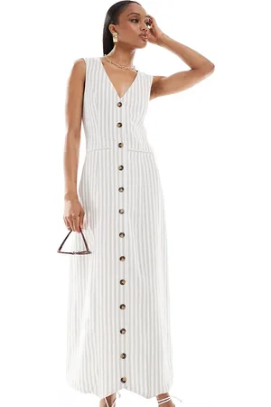 ASOS ASOS DESIGN Tall midi button through linen waistcoat dress in natural stripe