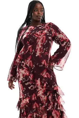 ASOS ASOS DESIGN Curve fluted long sleeve extreme ruffle maxi dress in burgundy abstract floral print