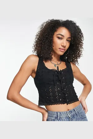 Reclaimed Inspired broderie cami top with lace up detail in