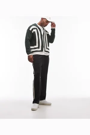 Topman Knitted crochet vertical stripe button through long sleeve shirt in dark