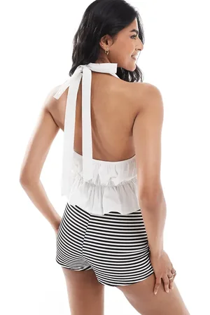 COLLUSION Poplin shirred plunge halter top in