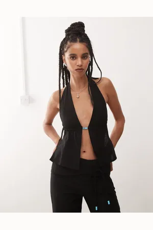 Motel Syrma bead detail linen halter top in