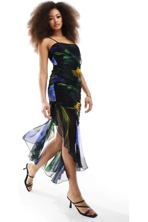 ASOS Chiffon shirred bodice strappy midi dress with asymmetric tendril hem