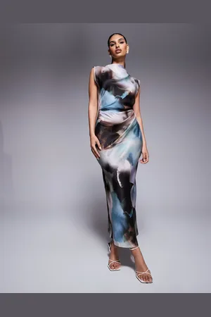 ASOS Satin high neck pleated bodice midi dress in abstract print