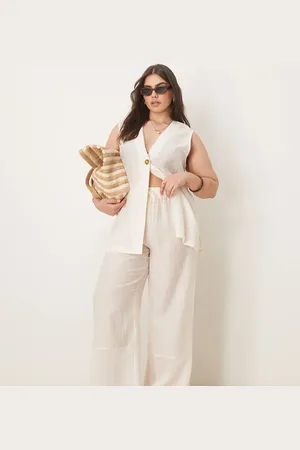 ASOS Curve sheer textured wide leg trousers co-ord in off