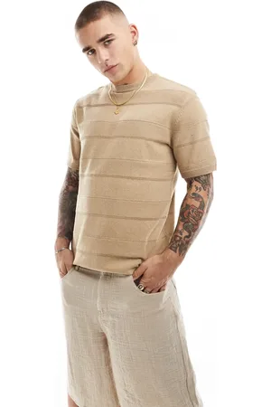 Threadbare Knitted textured stripe t-shirt in light stone