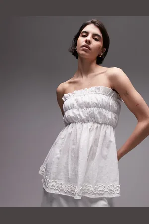 SNDYS Linen blend ruched bandeau longline flower applique top co-ord in