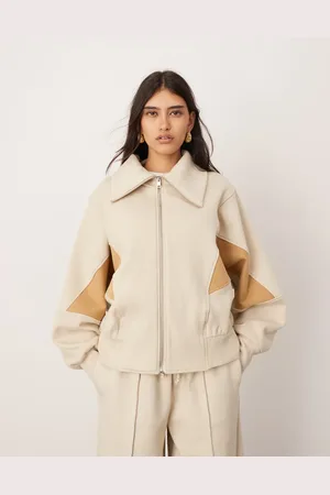 ASOS Premium heavy weight zip through extreme collar sweatshirt in oat and camel