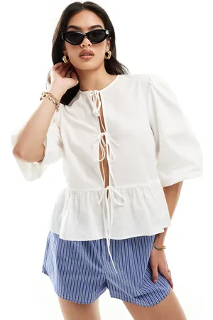 ASOS Linen blend tie front peplum tie front blouse in ivory