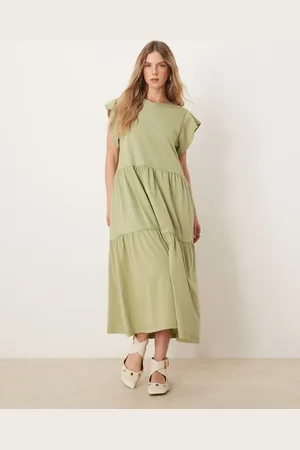 VILA Flutter sleeve tiered hem midi dress in sage