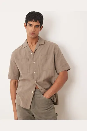 MANGO Linen mix textured stripe short sleeve shirt in