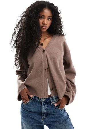 Miss Selfridge Soft touch rib relaxed v neck cardigan in camel