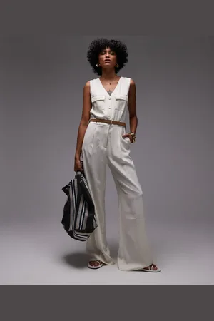 MANGO Linen look belted waistcoat jumpsuit in white