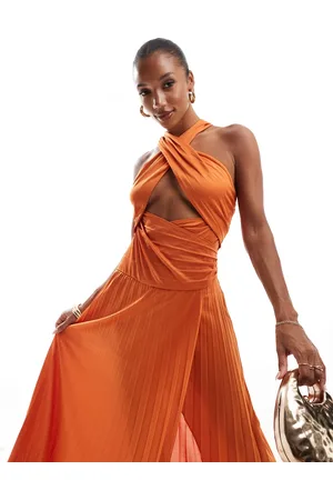 ASOS Cross strap halter pleated midi dress in burnt orange