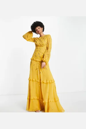 ASOS ASOS DESIGN Tall embellished tiered maxi dress with wild bloom floral embrodiery in mustard