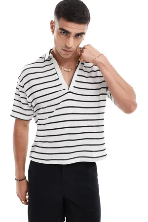 ASOS Relaxed loose knit polo t-shirt in navy and stripe