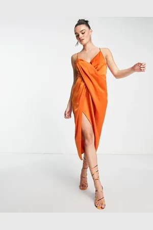 ASOS Drape detail satin midi dress with strappy back in rust