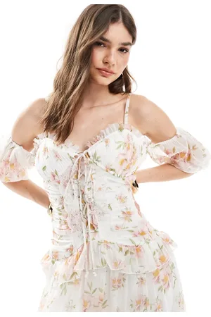 ASOS Lattice bodice bardot sleeve frill midi dress in floral print