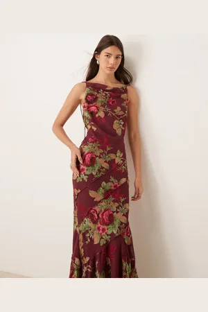 ASOS Cowl neck bias maxi dress in burgundy floral burnout print