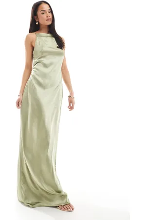 Pretty Lavish Bridesmaid satin boat neck maxi dress in olive