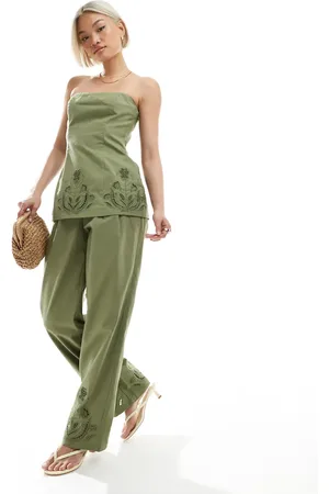4th & Reckless Linen blend flower cutwork detail wide leg trousers co-ord in olive