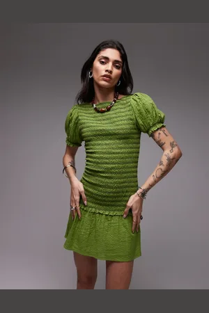 Topshop Shirred mini dress with contrast stitch in