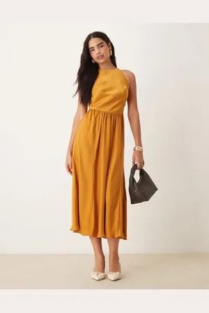 ASOS Satin drop waist midi dress with full skirt in ochre