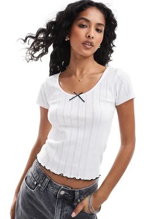 ONLY Contrast trim pointelle short sleeve top in