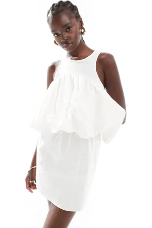 ASOS Ribbed racer neck cotton mini dress with puffball detail