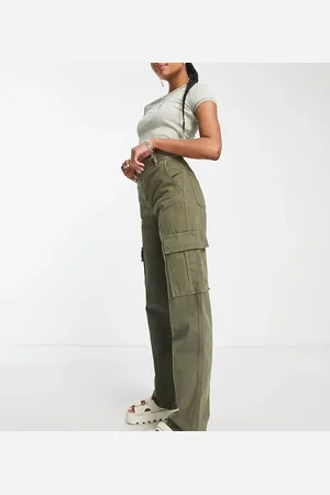 Stradivarius STR Petite straight leg cargo trouser in khaki