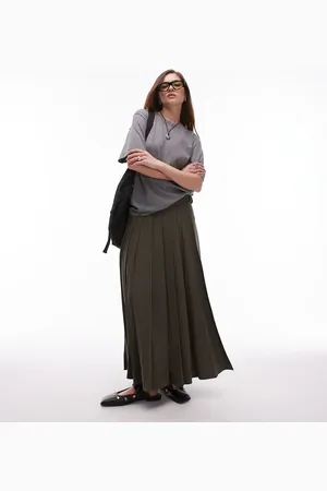 MANGO Split side pleated midi skirt in khaki
