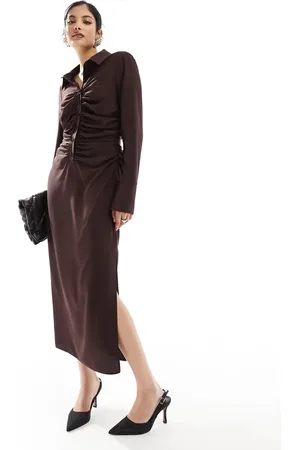 ASOS Slinky ruched waist midi shirt dress in chocolate