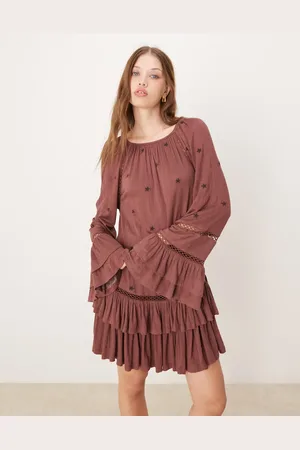 ASOS Ruffle smock crinkle mini dress with tiered sleeve and star embroidery in burgundy
