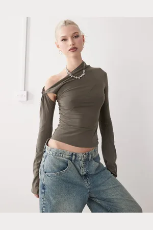 Weekday Asymmetric long sleeve top with knot detail in khaki