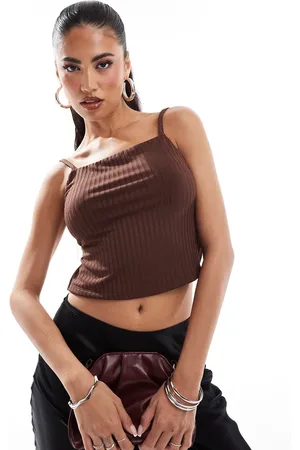 ASOS Rib double layer strappy backless cami top with square neck in chocolate